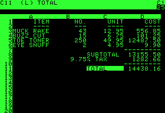 Image 1 - VisiCalc sample spreadsheet.