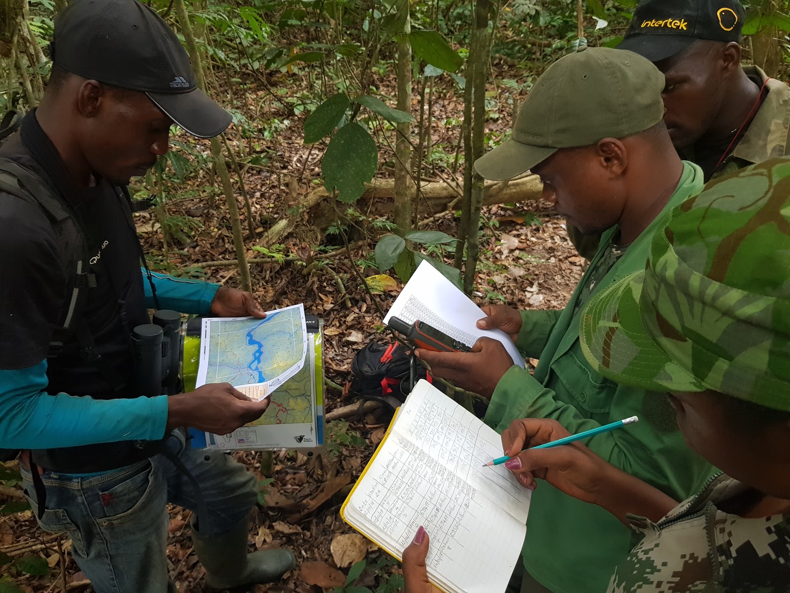 Brice Momboua of the Lope-Waka ECOFAC6 biomonitoring project training ecoguards and  research assistants about camera trapping methods in the Lope national Park, Gabon