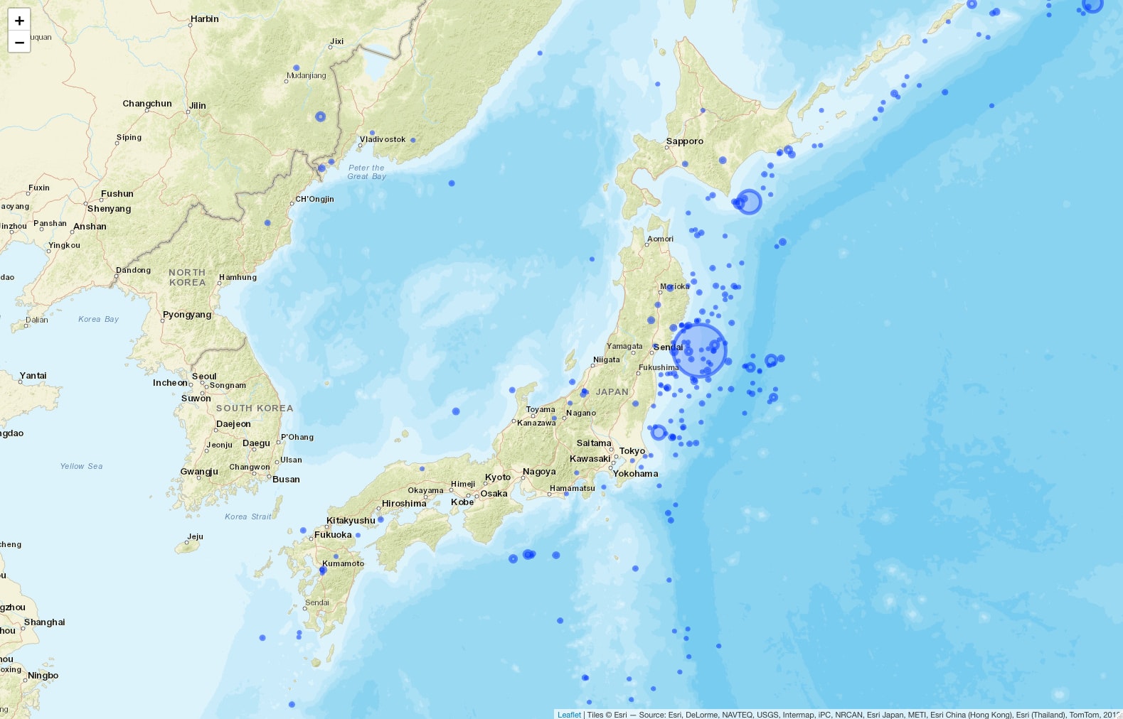 Image 5 - Geomap of Earthquakes near Japan from 2001 to 2018 (styled markers)