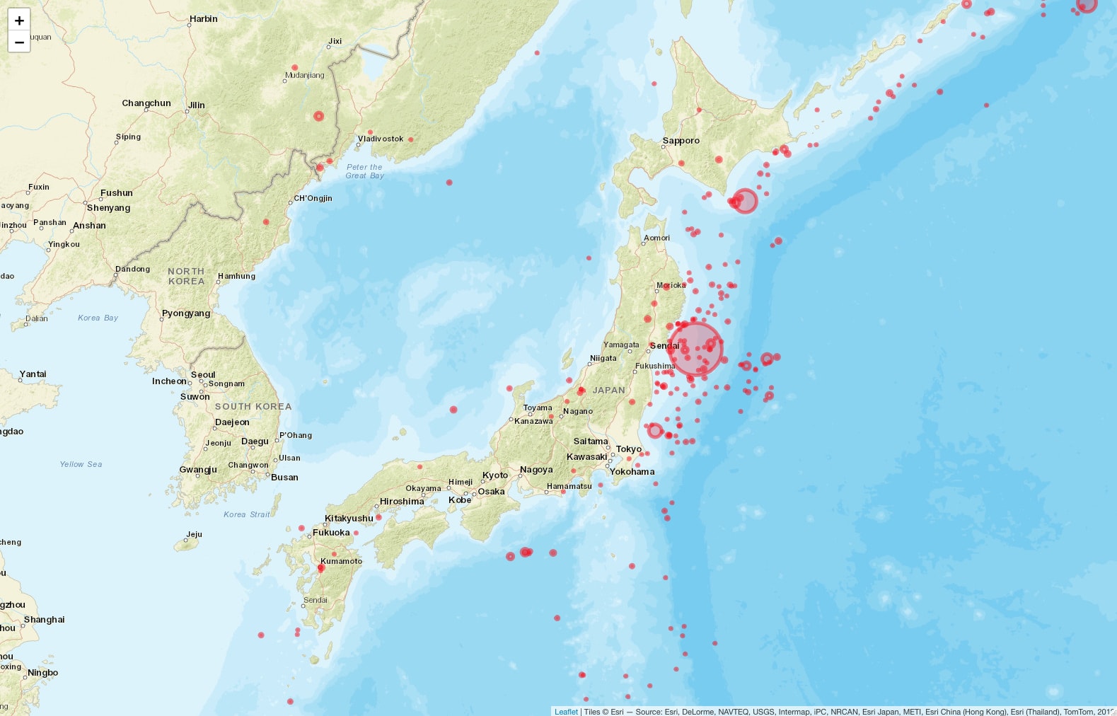 Image 6 - Geomap of Earthquakes near Japan from 2001 to 2018 (styled markers v2)