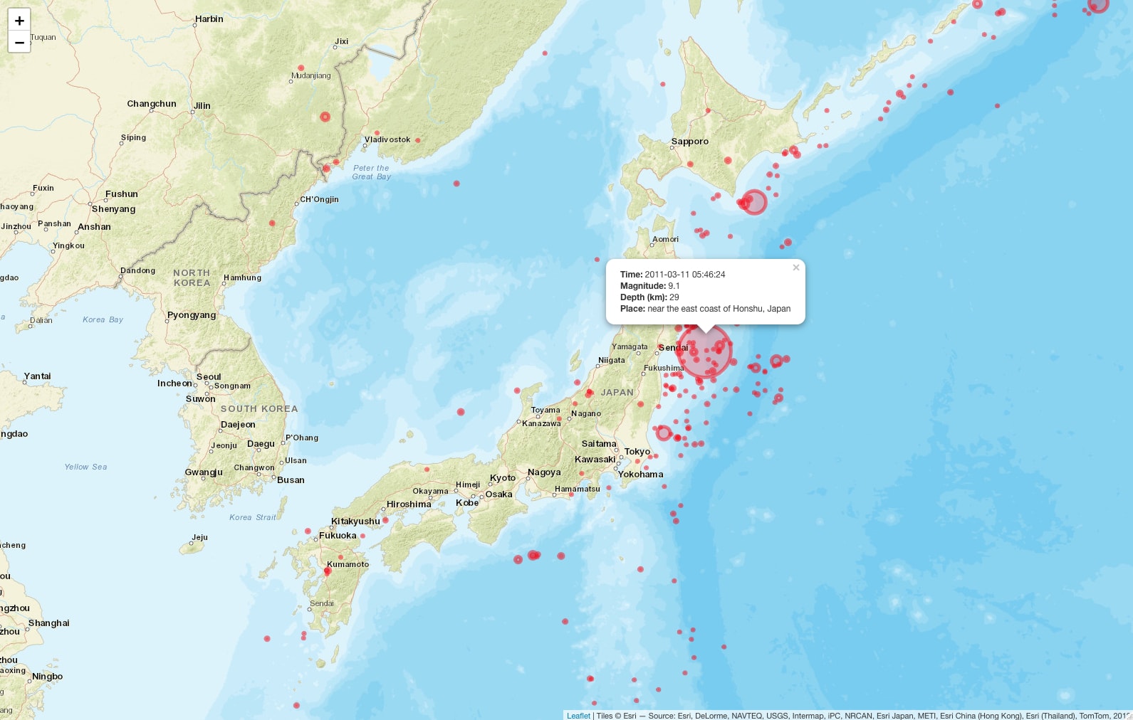 Image 7 - Final geomap of Earthquakes near Japan from 2001 to 2018 (with added popups)