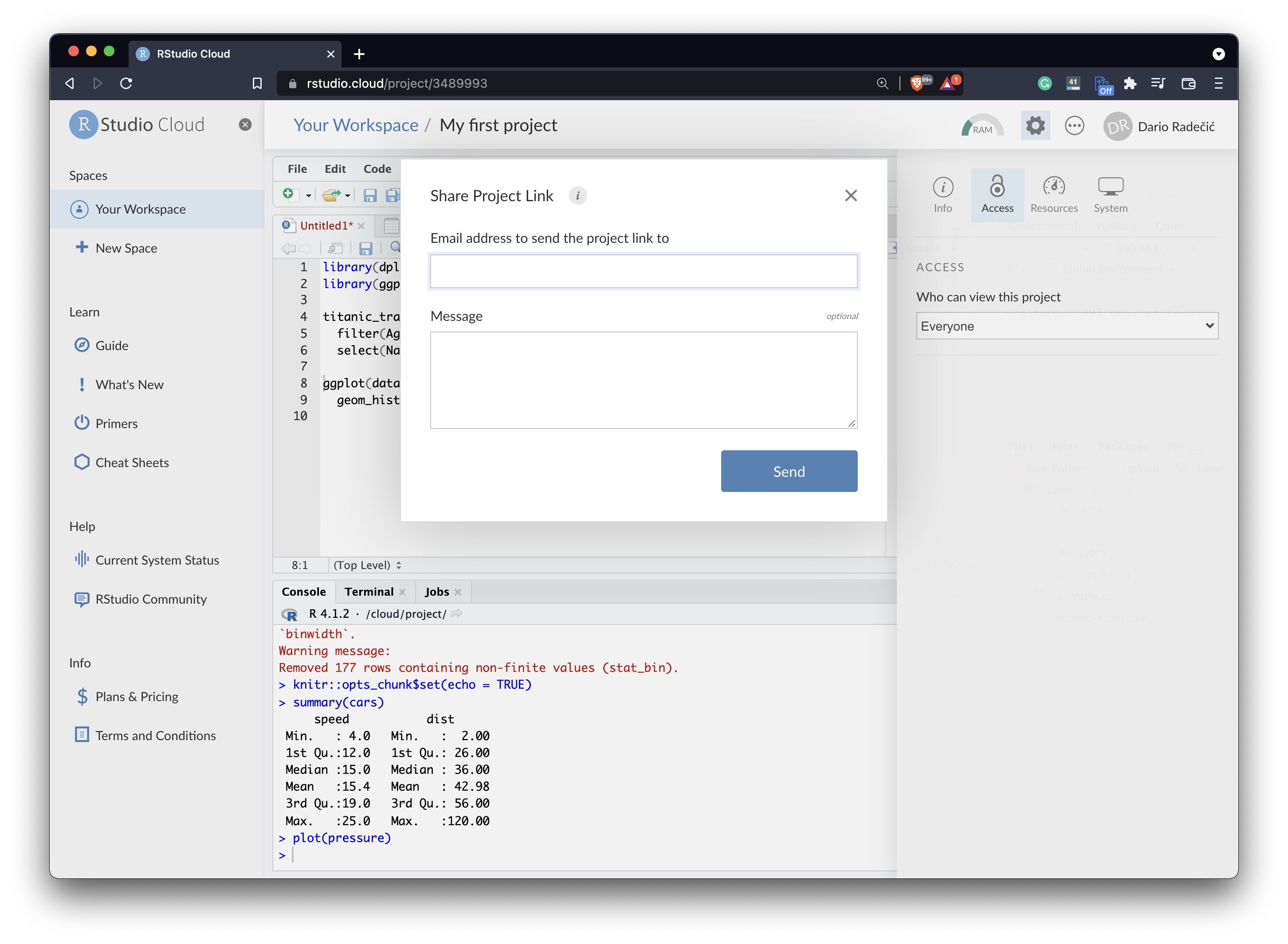 Image 20 - Inviting collaborators to an RStudio Cloud project