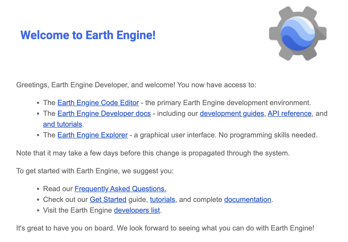Image 1 - Google Earth Engine registration mail