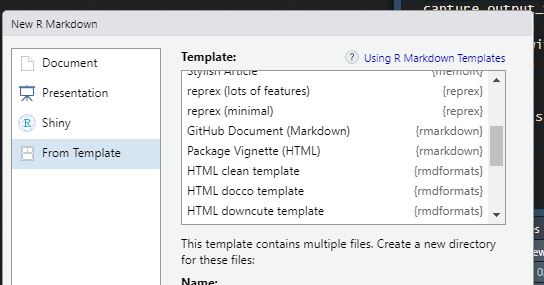 R Markdown document template from RStudio UI