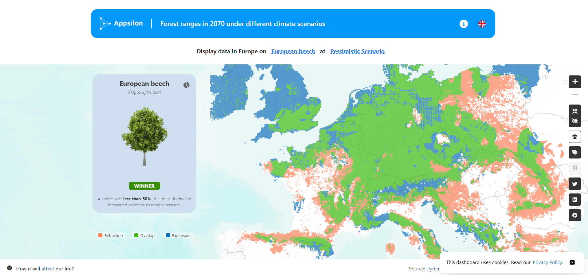 Shiny dashboard view of the future of European forest ranges 