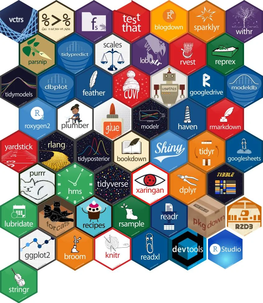 An image showcasing an array of hexagonal badges representing various R packages and tools such as 