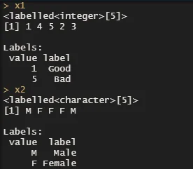 A code snippet displaying two labeled vectors in R. The first vector, x1, contains integers with labels 