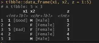 A code snippet displaying a tibble (a type of data frame in R) with three columns: x1, x2, and z. The x1 column contains integers with associated labels, such as 