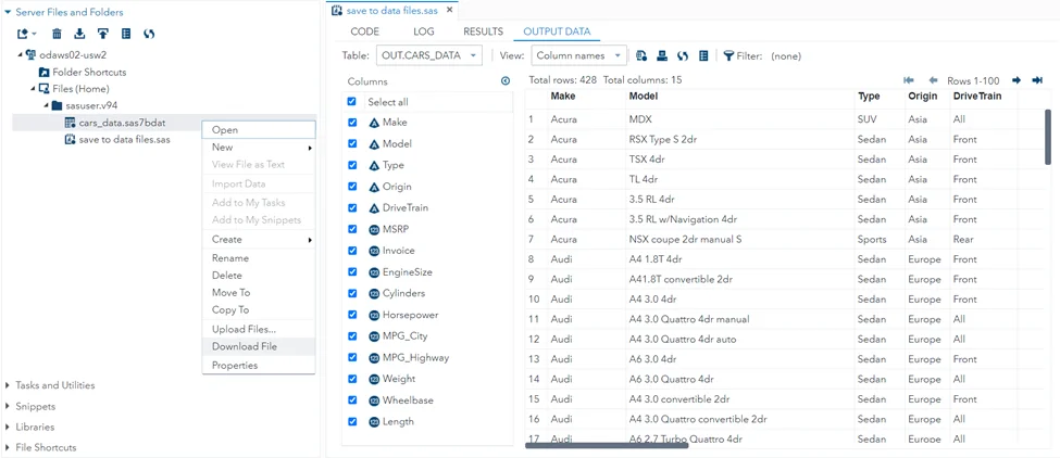 A split-screen interface from SAS Studio, displaying server files and folders on the left and an output data table on the right. 