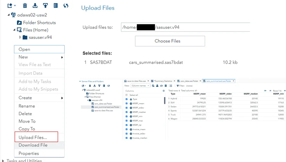 SAS interface is displayed highlighting the process of uploading files. 