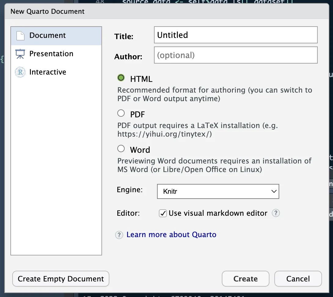 A screenshot of a dialog window for creating a new Quarto document, showing options for document type, title, author, output formats (HTML, PDF, Word), and settings for the engine and editor.