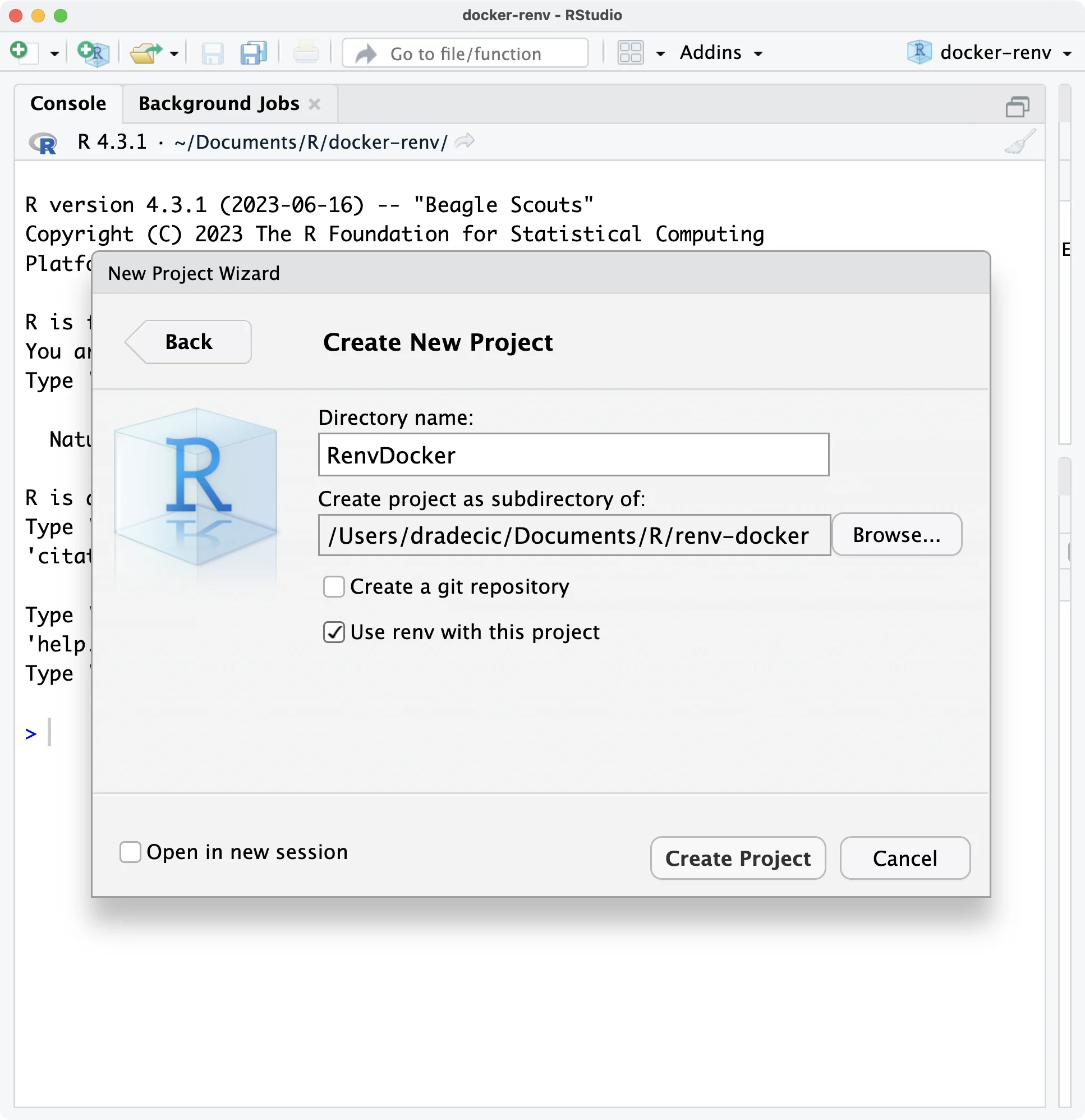 Image 1 - Creating a new project in RStudio