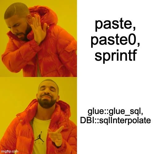 A two-panel meme with Drake showing disapproval in the top panel and approval in the bottom panel. In the top panel, the text reads "paste, paste0, sprintf." In the bottom panel, the text reads "glue::glue_sql, DBI::sqlInterpolate."